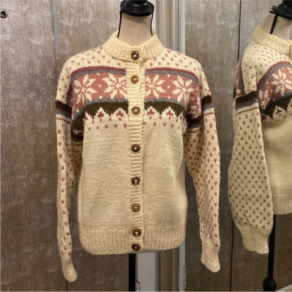 M-Neule Cream and Brown Knit Cardigan, S